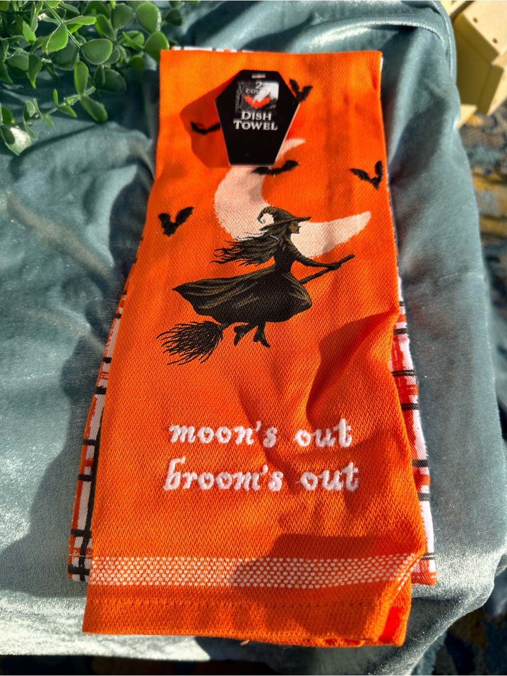 Halloween Kitchen Towels Set of 2 Witch Bats Orange Plaid NWT